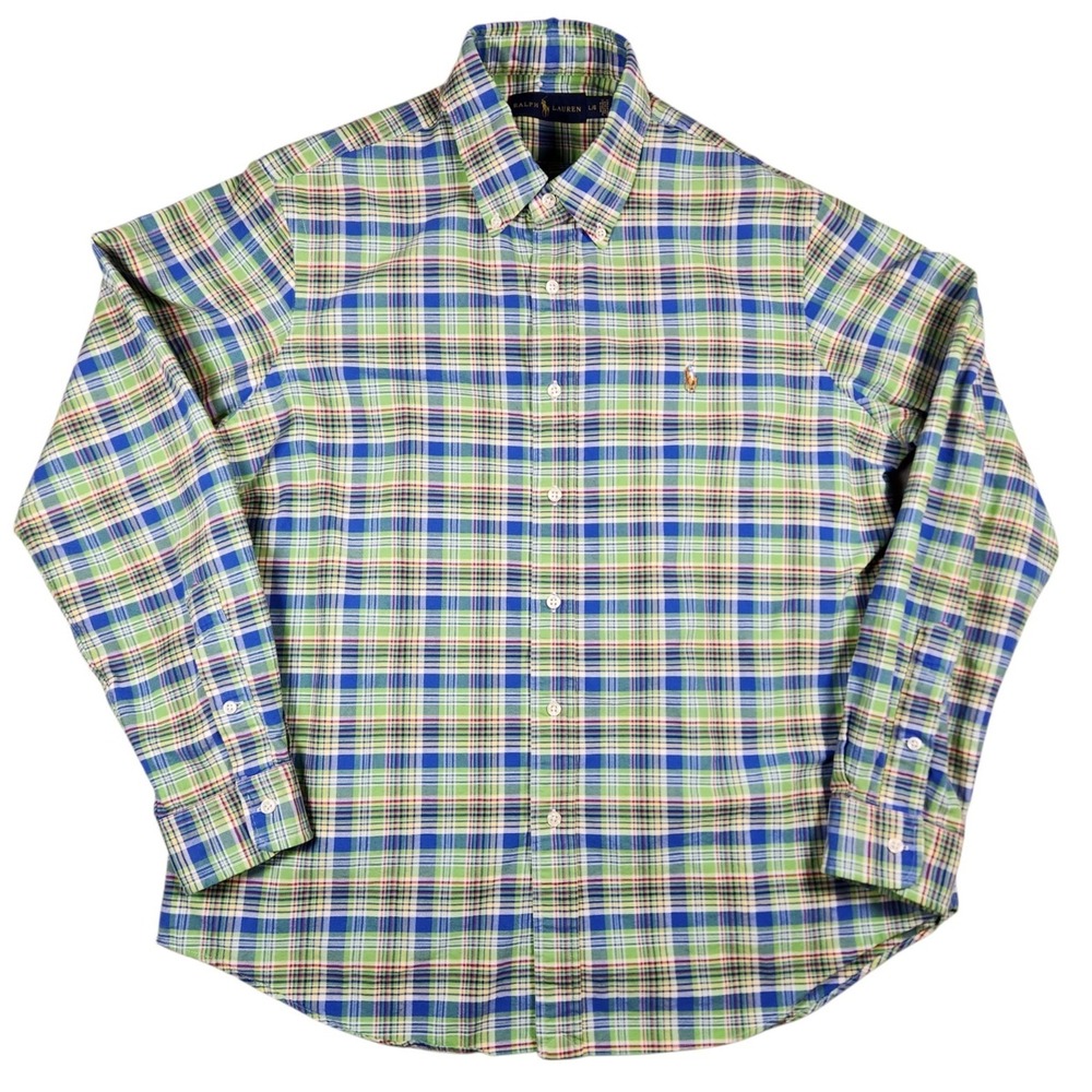 Ralph Lauren Mens LG Plaid Button Front Shirt Blue Green Cotton Classic Fit